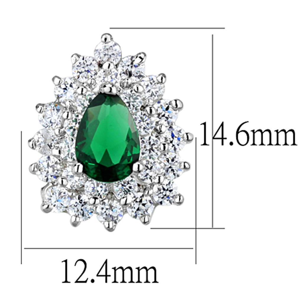 Elegant 3W656 Rhodium Brass Earrings featuring emerald synthetic glass center stone, showcasing a luxurious design.