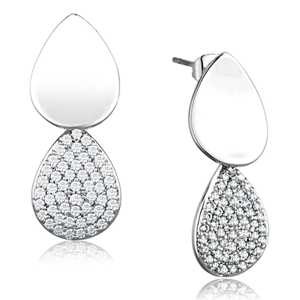 Elegant 3W659 Rhodium Brass Earrings featuring AAA Grade Clear CZ stones, showcasing a luxurious design.