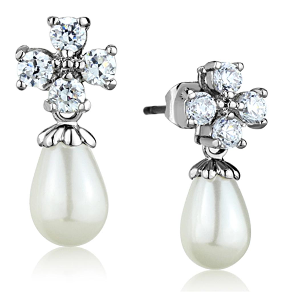 3W672 Rhodium Brass Earrings featuring a white synthetic pearl, showcasing elegant design and lightweight construction.