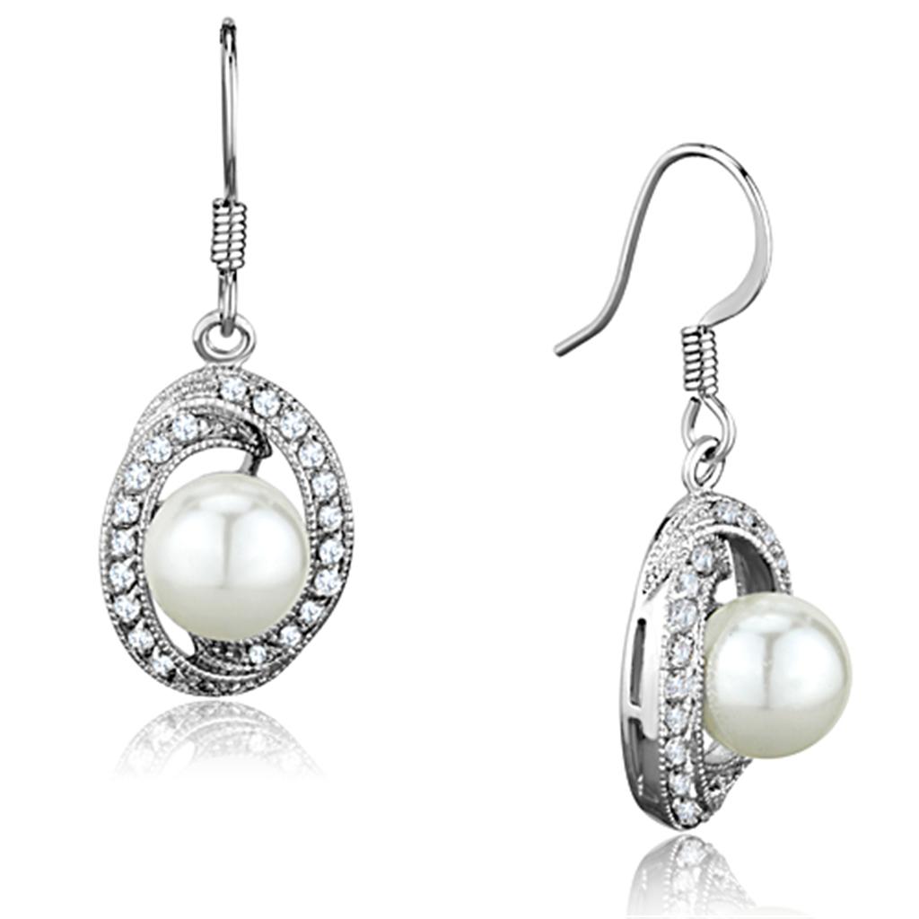 Elegant 3W673 Rhodium Brass Earrings featuring a white synthetic pearl centerpiece, showcasing a sophisticated design.
