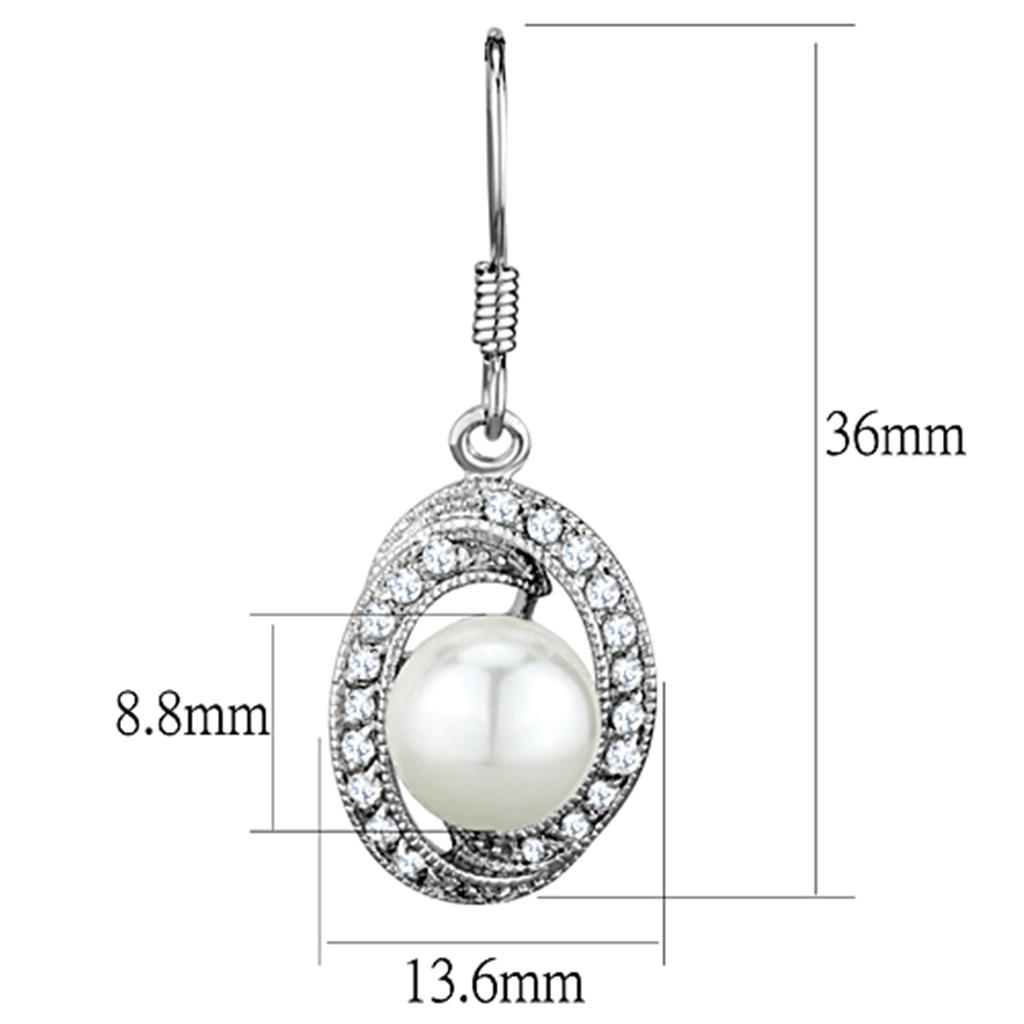 Elegant 3W673 Rhodium Brass Earrings featuring a white synthetic pearl centerpiece, showcasing a sophisticated design.