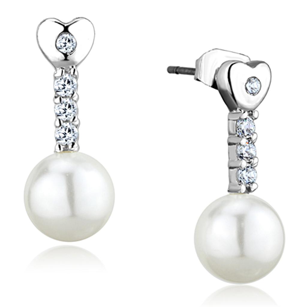 Elegant 3W675 Rhodium Brass Earrings featuring a white synthetic pearl, showcasing a luxurious design suitable for any occasion.