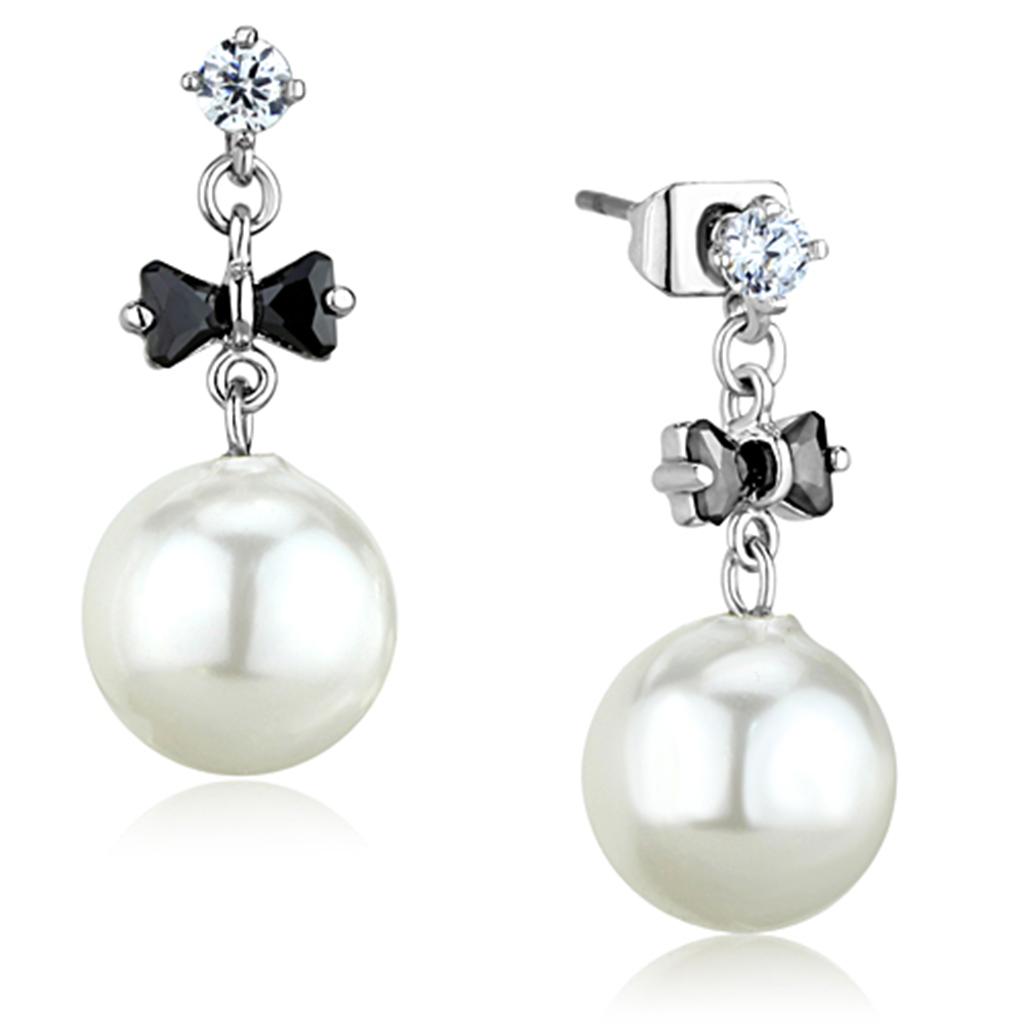Elegant 3W676 Rhodium Brass Earrings featuring a white synthetic pearl, showcasing a luxurious design.