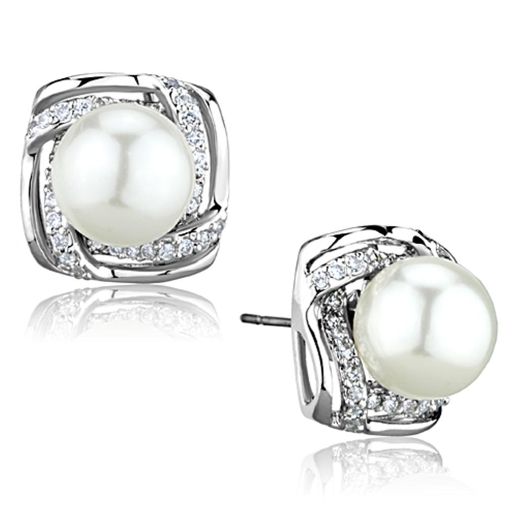 Elegant 3W678 Rhodium Brass Earrings featuring a white synthetic pearl centerpiece, showcasing a luxurious design.