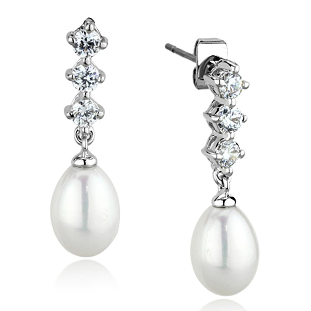 Elegant 3W679 Rhodium Brass Earrings featuring a semi-precious white pearl, showcasing a luxurious design.