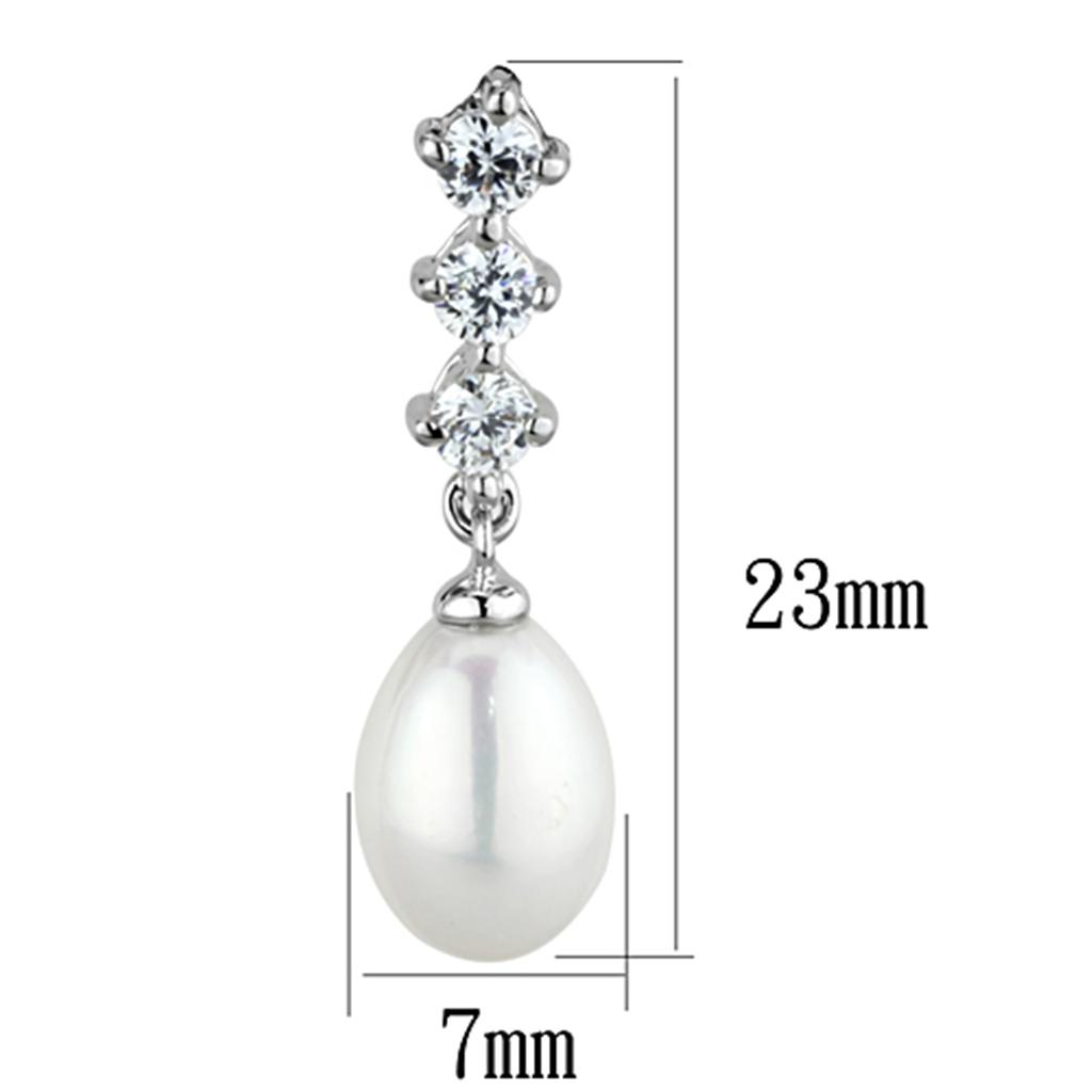 Elegant 3W679 Rhodium Brass Earrings featuring a semi-precious white pearl, showcasing a luxurious design.