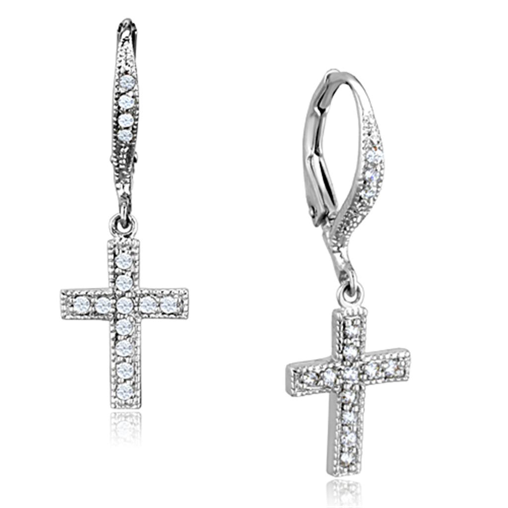 Elegant 3W688 Rhodium Brass Earrings featuring AAA Grade Clear CZ stone, showcasing a luxurious design.