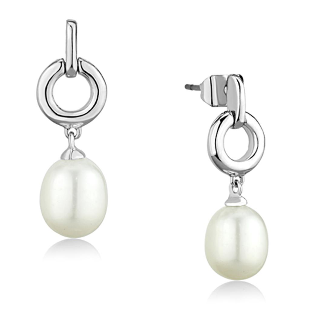 Elegant 3W684 Rhodium Brass Earrings featuring a white synthetic pearl, showcasing a luxurious design perfect for any occasion.