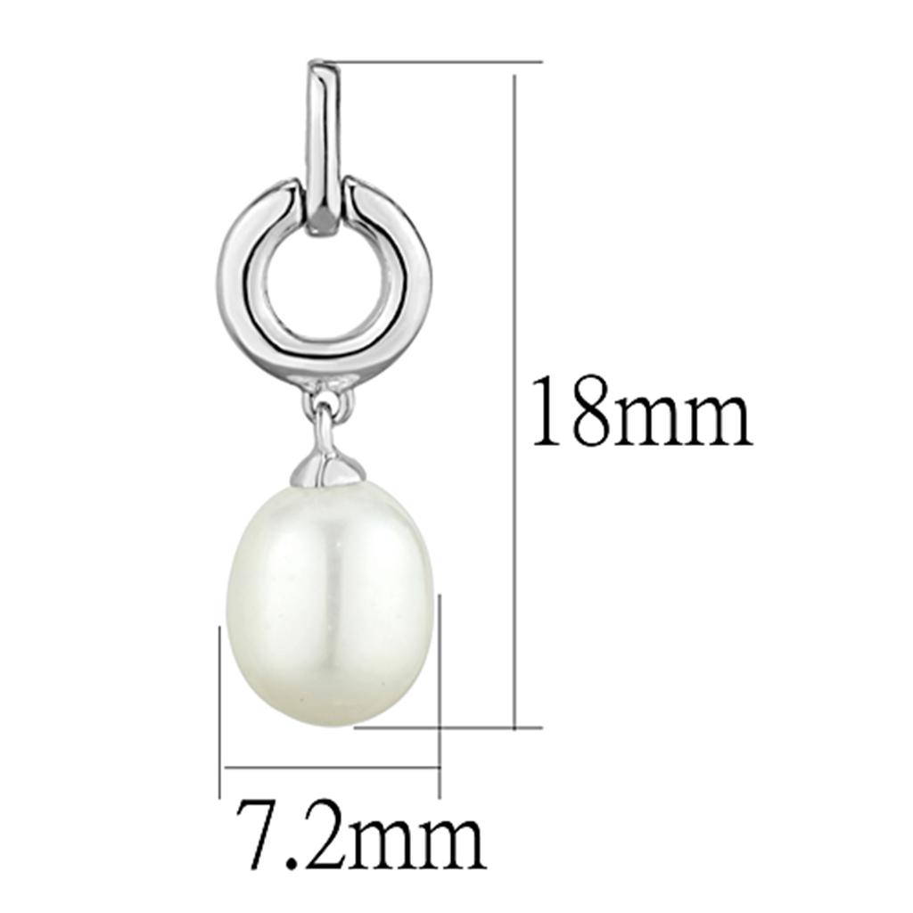 Elegant 3W684 Rhodium Brass Earrings featuring a white synthetic pearl, showcasing a luxurious design perfect for any occasion.