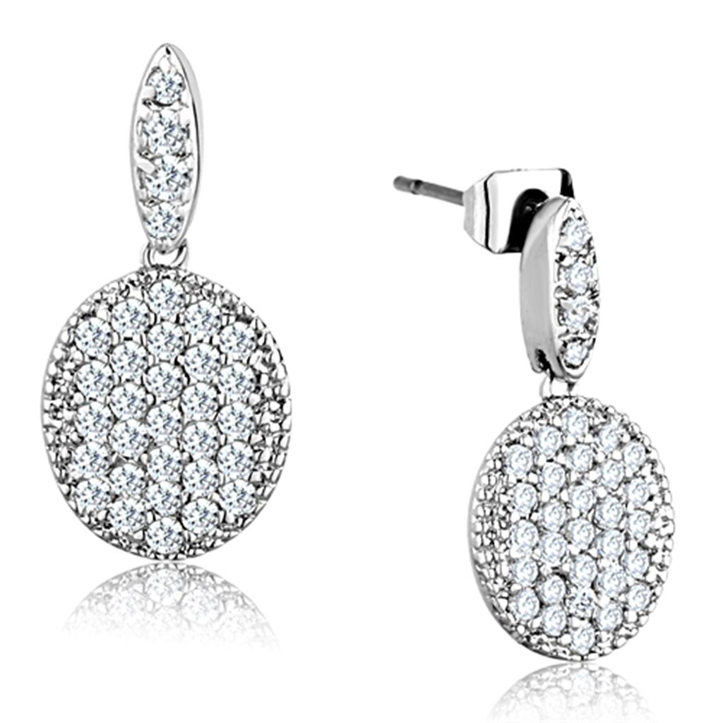 Elegant 3W692 Rhodium Brass Earrings featuring AAA Grade CZ in Clear, showcasing their sparkling design and lightweight construction.