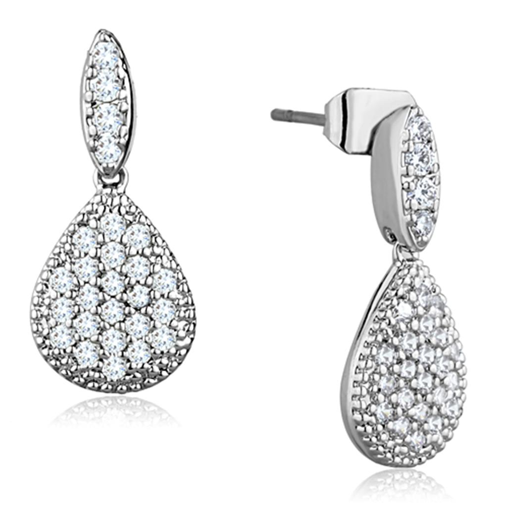 Elegant 3W696 Rhodium Brass Earrings featuring AAA Grade Clear CZ stone, showcasing a luxurious design.