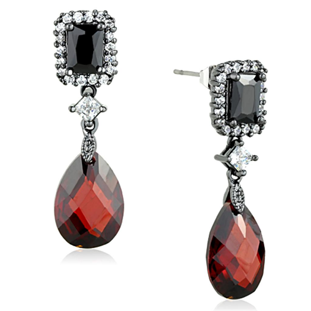 Elegant 3W704 Ruthenium Brass Earrings featuring AAA Grade CZ in rich garnet color, showcasing a modern design.