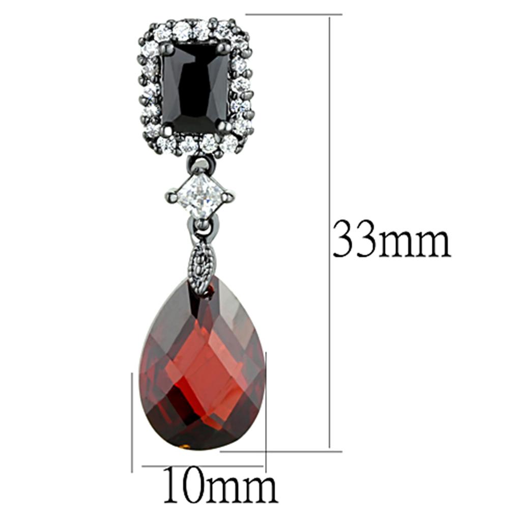 Elegant 3W704 Ruthenium Brass Earrings featuring AAA Grade CZ in rich garnet color, showcasing a modern design.