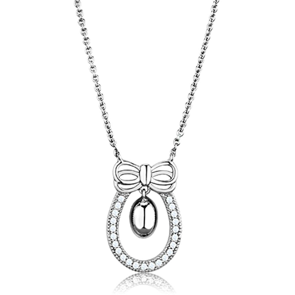 3W718 Rhodium Brass Necklace featuring AAA Grade Clear CZ, showcasing its elegant design and sparkling centerpiece.