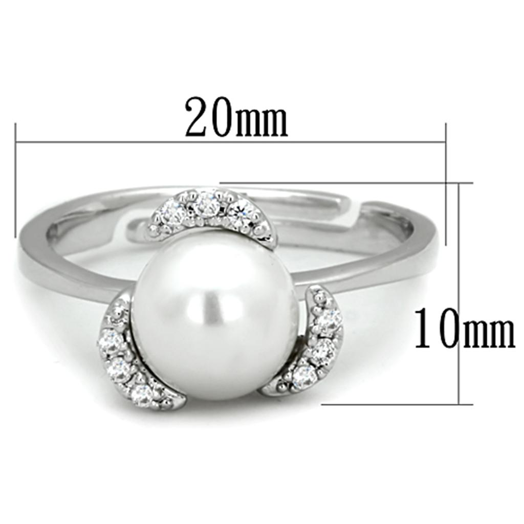 3W722 Rhodium Brass Ring featuring a synthetic white pearl, elegantly designed with a polished finish.
