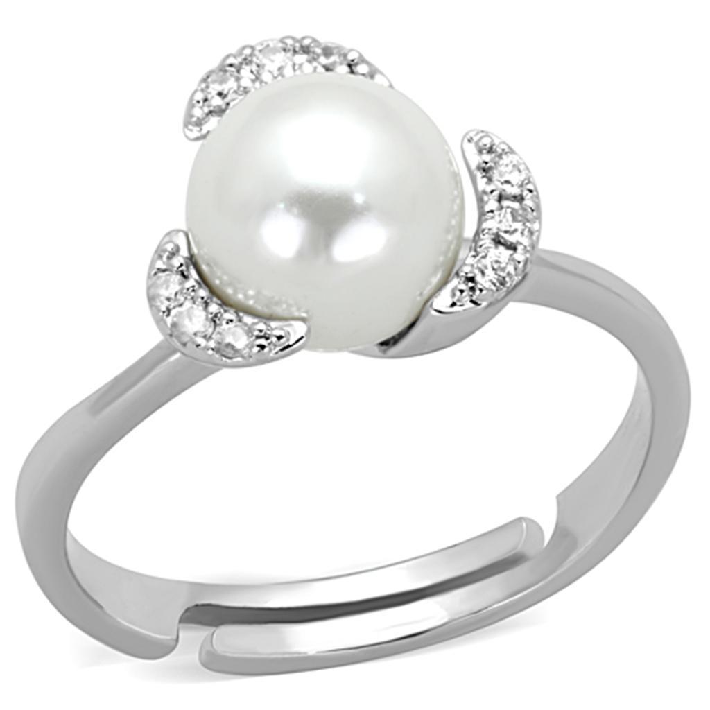 3W722 Rhodium Brass Ring featuring a synthetic white pearl, elegantly designed with a polished finish.