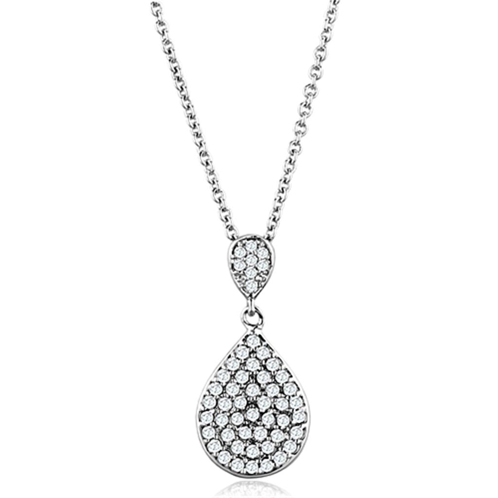 3W720 Rhodium Brass Necklace featuring a clear AAA Grade CZ stone, showcasing its elegant design and high-quality finish.