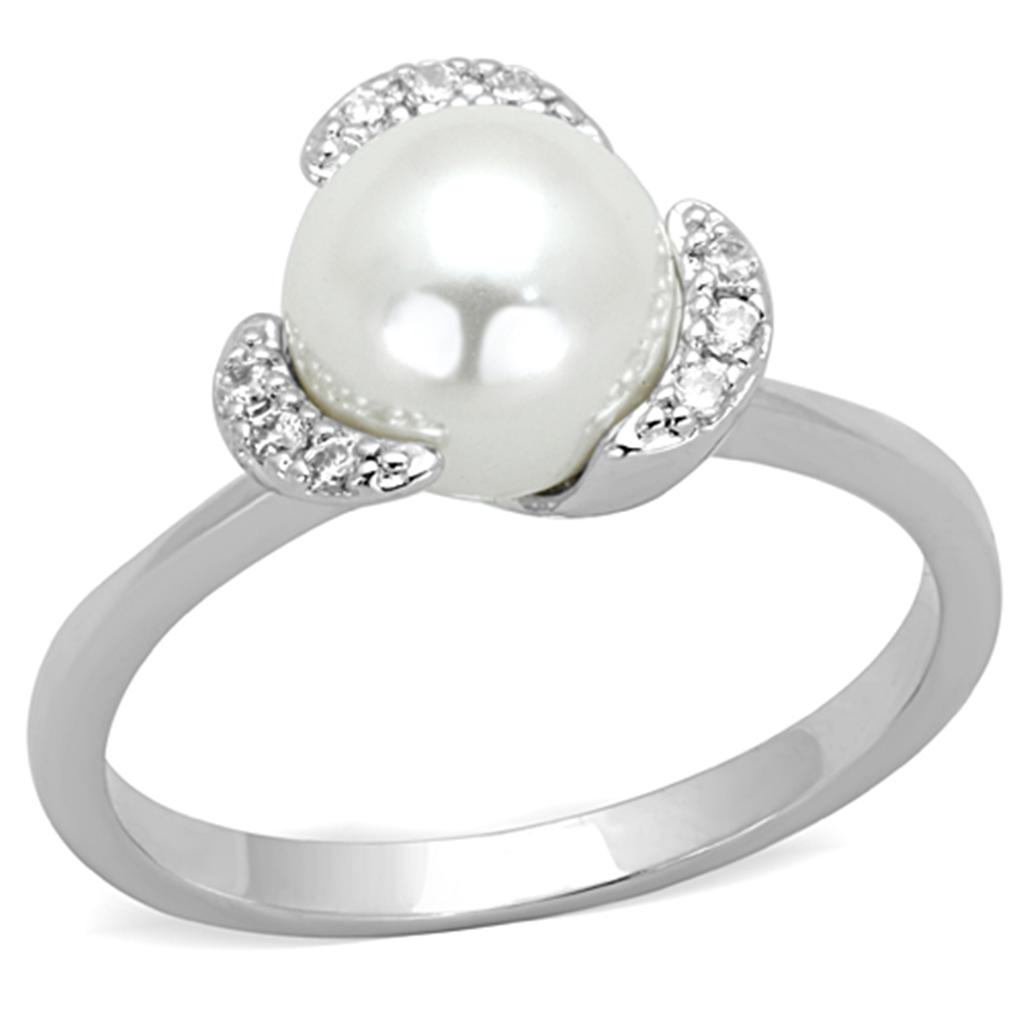 3W721 Rhodium Brass Ring featuring a synthetic white pearl, showcasing its elegant design and luxurious finish.