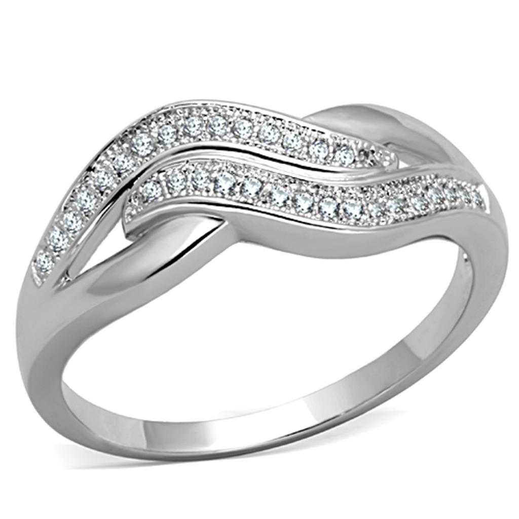 3W724 Rhodium Brass Ring featuring a clear AAA Grade CZ stone, showcasing its elegant design and shiny finish.