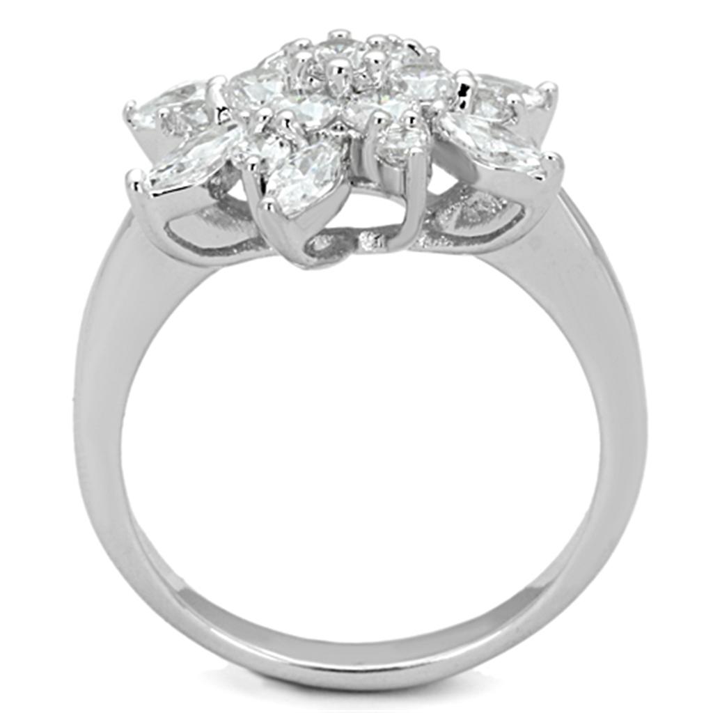 3W725 Rhodium Brass Ring featuring a clear AAA Grade CZ stone, showcasing its elegant design and luxurious finish.