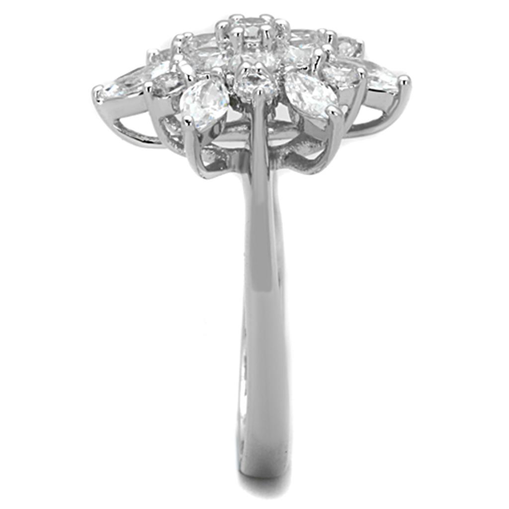 3W725 Rhodium Brass Ring featuring a clear AAA Grade CZ stone, showcasing its elegant design and luxurious finish.