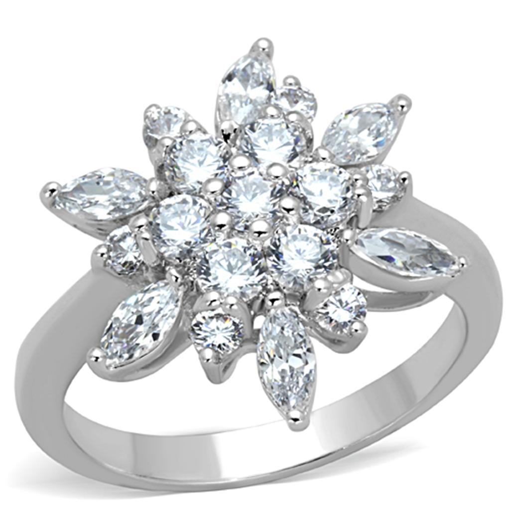 3W725 Rhodium Brass Ring featuring a clear AAA Grade CZ stone, showcasing its elegant design and luxurious finish.