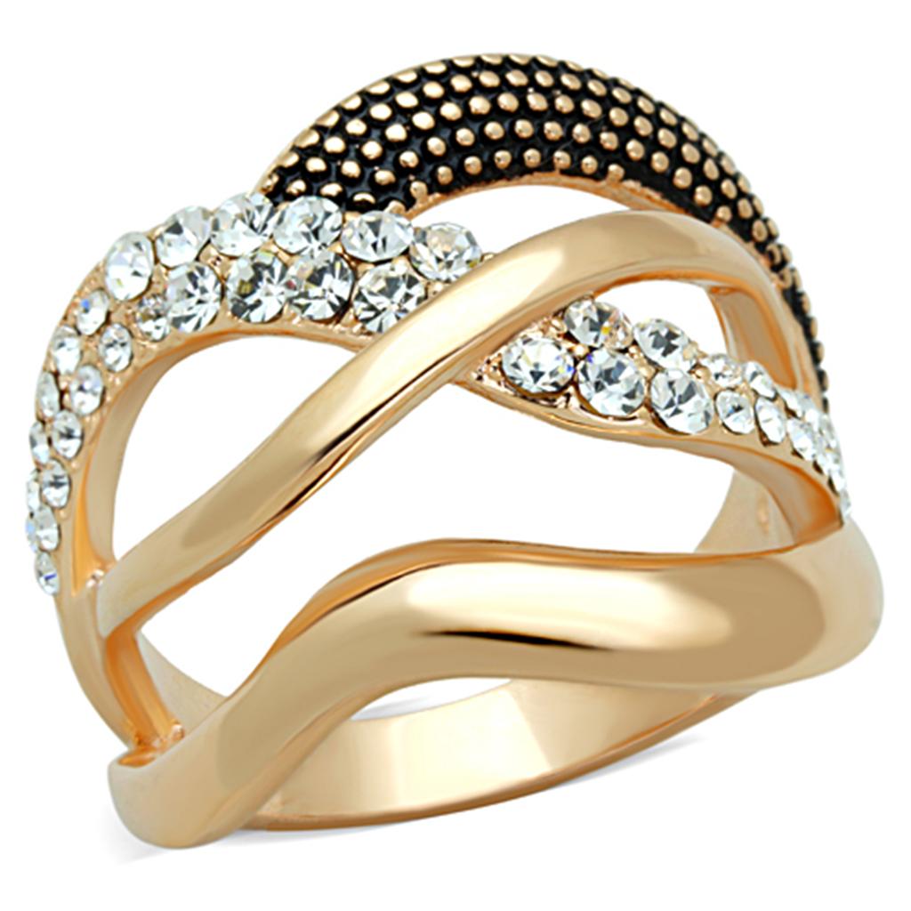 3W737 Rose Gold Brass Ring featuring a clear top grade crystal, elegantly designed for a sophisticated look.