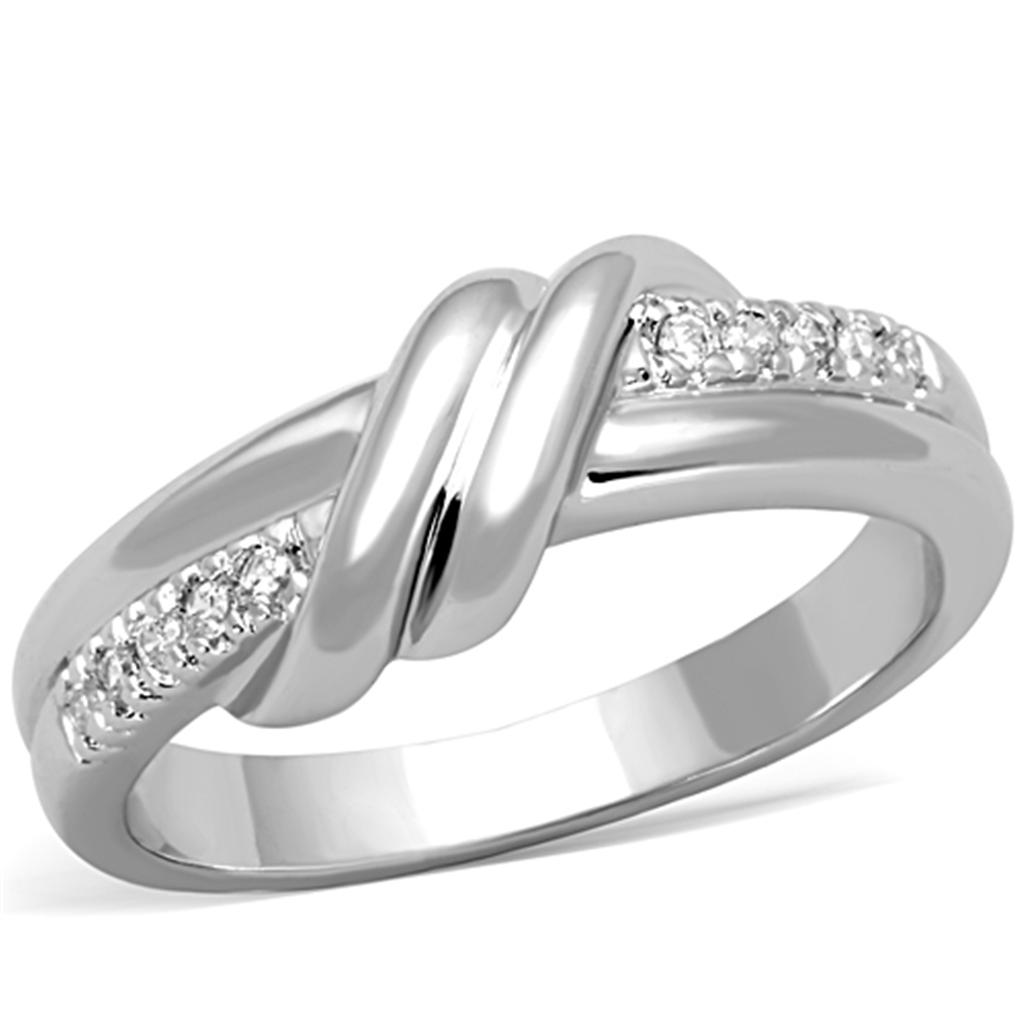 3W741 Rhodium Brass Ring featuring a clear AAA Grade CZ stone, showcasing its elegant design and shiny finish.