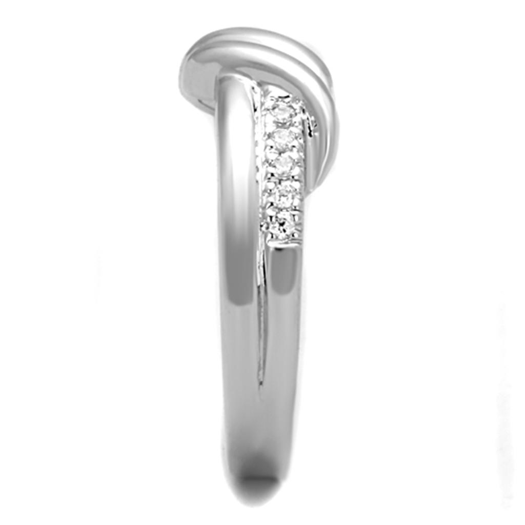 3W741 Rhodium Brass Ring featuring a clear AAA Grade CZ stone, showcasing its elegant design and shiny finish.