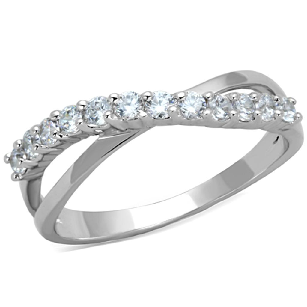 3W742 Rhodium Brass Ring featuring a clear AAA Grade CZ stone, showcasing its elegant design and shiny finish.