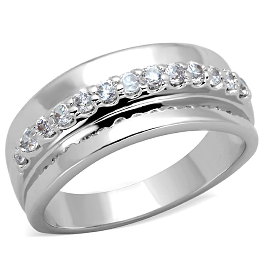 3W748 Rhodium Brass Ring featuring a clear AAA Grade CZ stone, showcasing its elegant design and shiny finish.