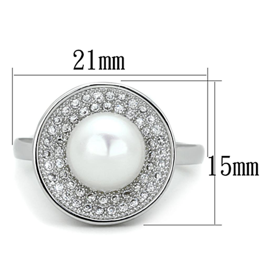 3W755 Rhodium Brass Ring featuring a synthetic white pearl centerpiece, showcasing elegance and sophistication.