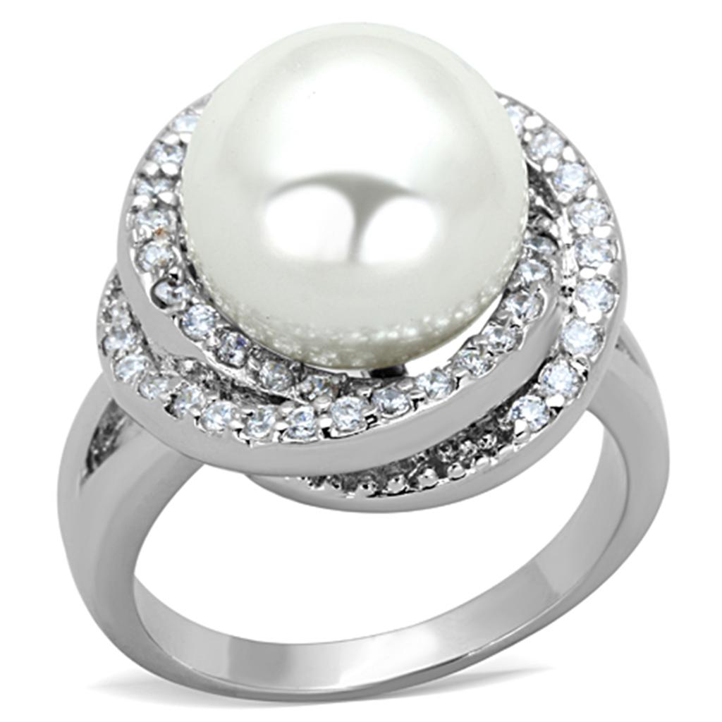 3W759 Rhodium Brass Ring featuring a synthetic white pearl, showcasing its elegant design and shiny finish.