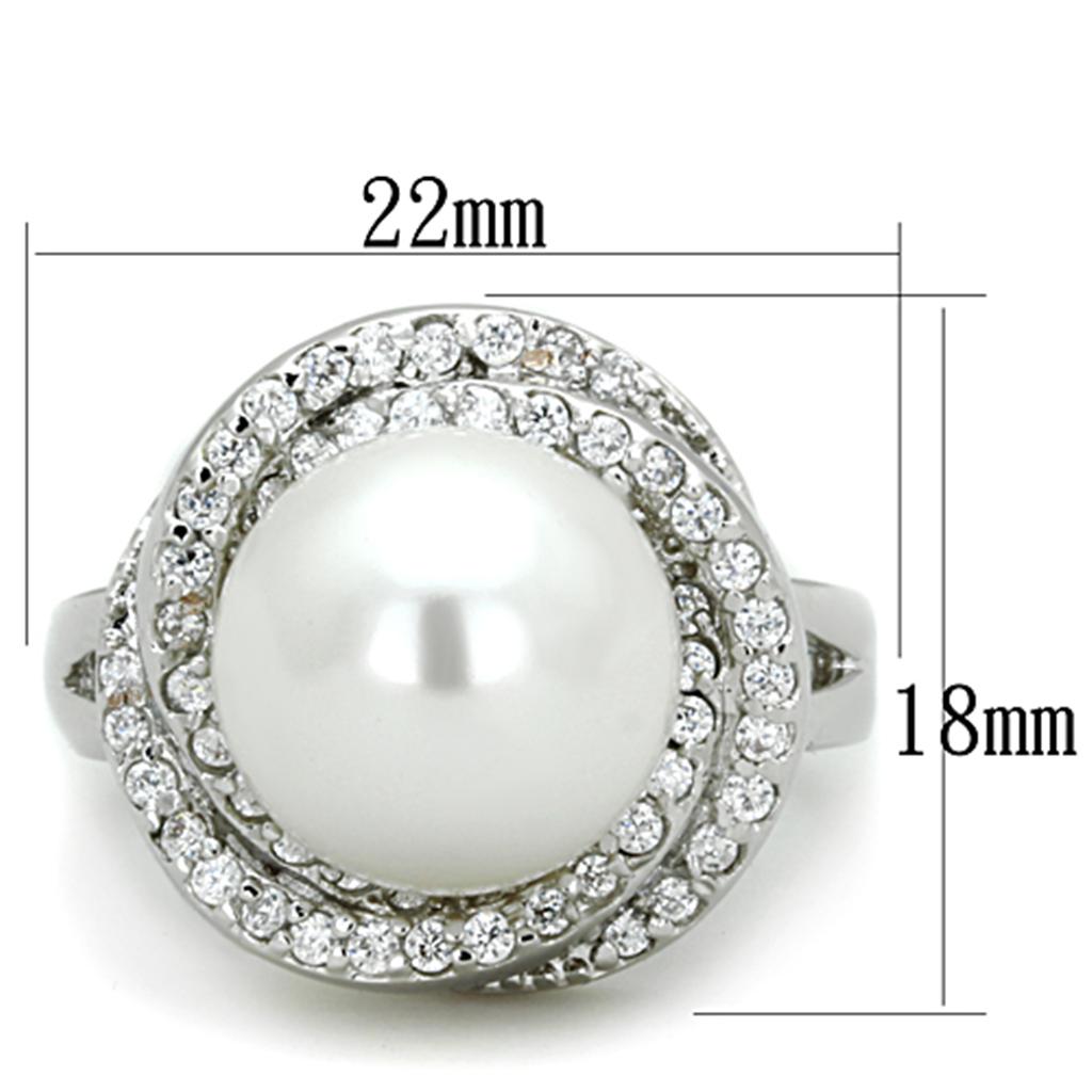 3W759 Rhodium Brass Ring featuring a synthetic white pearl, showcasing its elegant design and shiny finish.