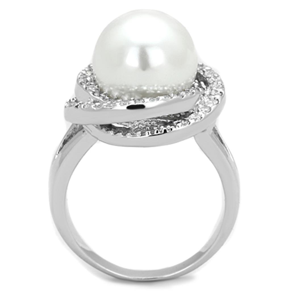 3W759 Rhodium Brass Ring featuring a synthetic white pearl, showcasing its elegant design and shiny finish.