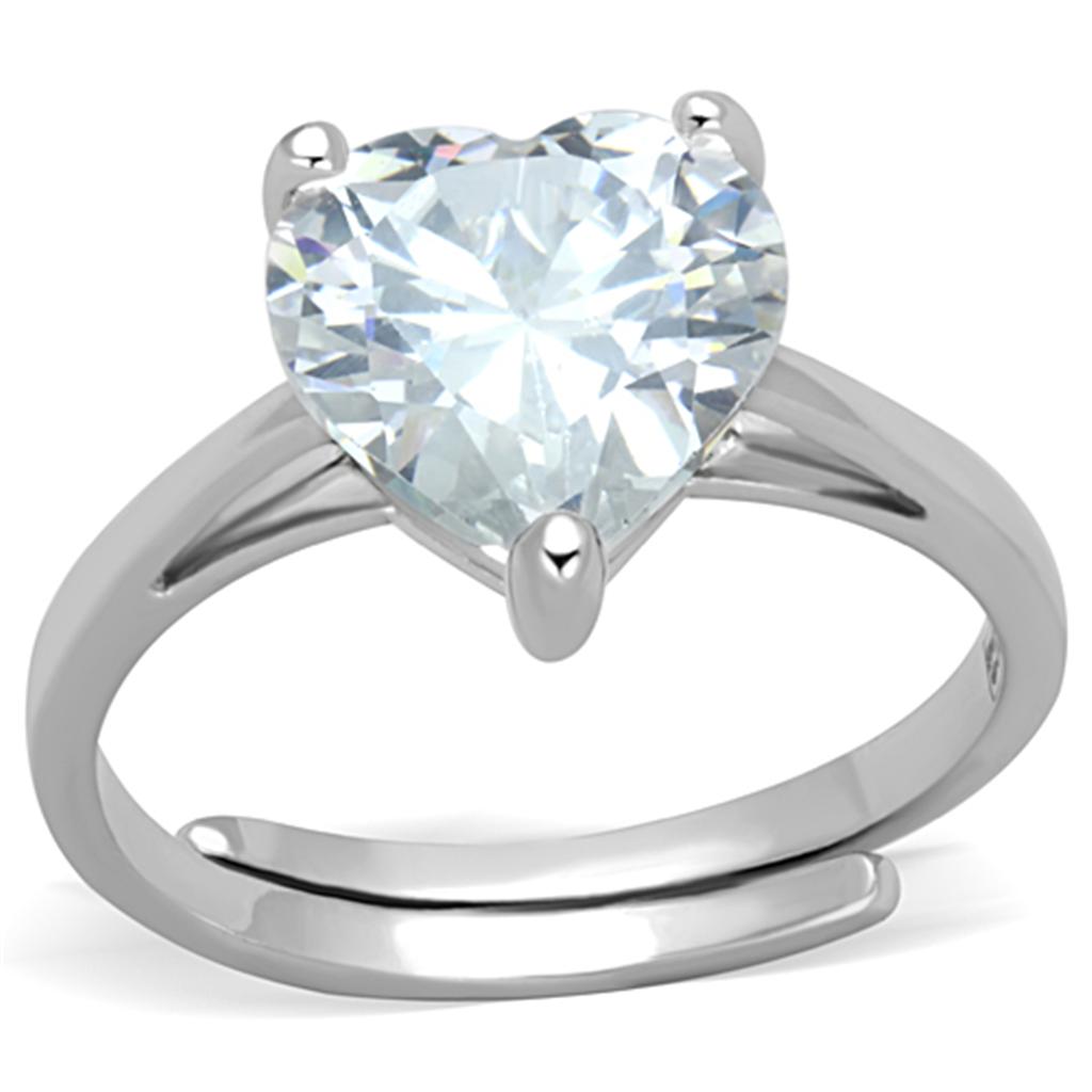 3W776 Rhodium Brass Ring featuring a clear AAA Grade CZ stone, showcasing its elegant design and shiny finish.