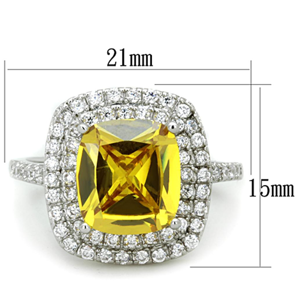 3W760 Rhodium Brass Ring featuring AAA Grade CZ in Topaz, showcasing its elegant design and vibrant stone.