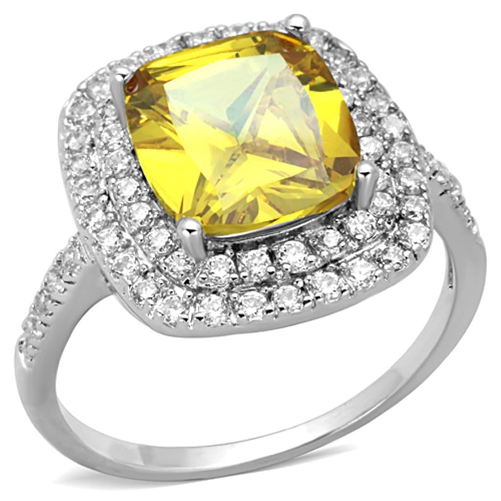 3W760 Rhodium Brass Ring featuring AAA Grade CZ in Topaz, showcasing its elegant design and vibrant stone.
