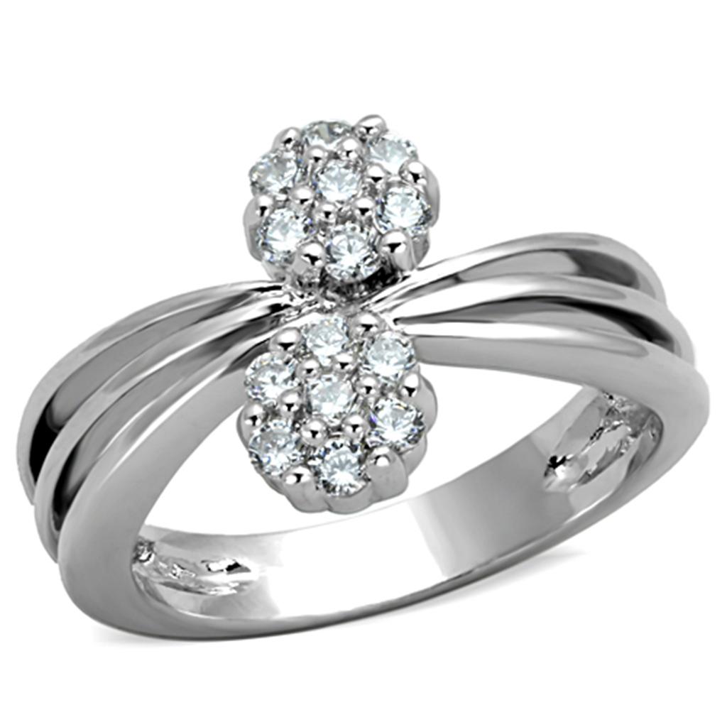 3W767 Rhodium Brass Ring featuring AAA Grade clear CZ stone, showcasing elegant design and high-quality craftsmanship.