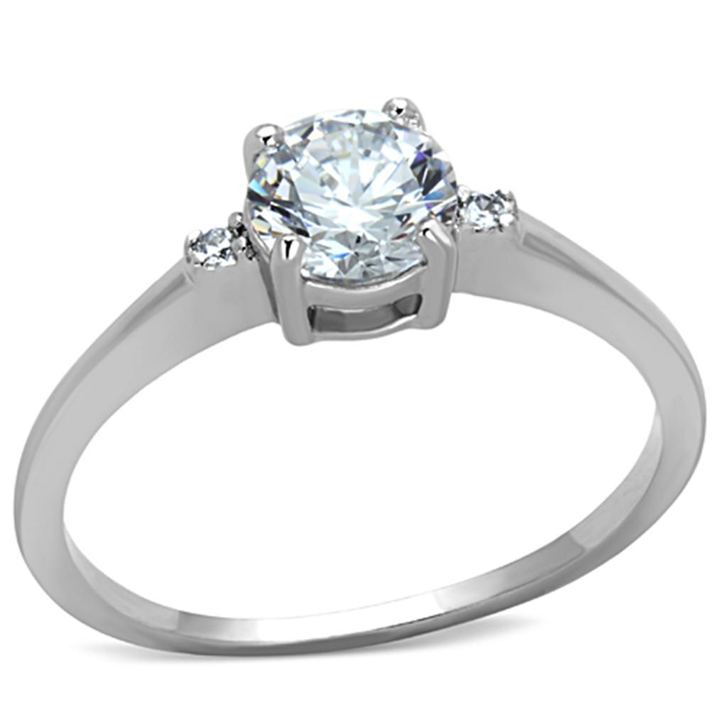3W786 Rhodium Brass Ring featuring a clear AAA Grade CZ stone, showcasing its elegant design and shiny finish.