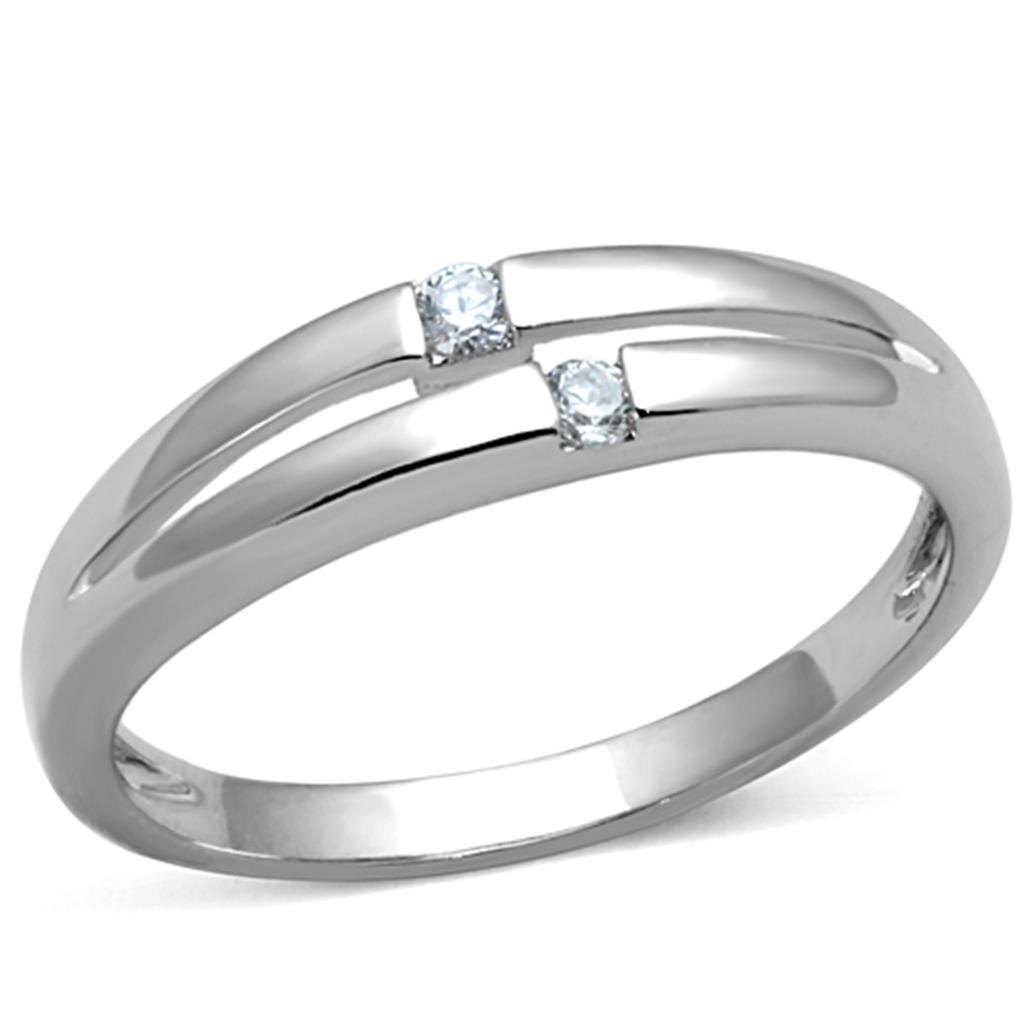 3W779 Rhodium Brass Ring featuring a clear AAA Grade CZ stone, showcasing its elegant design and luxurious finish.