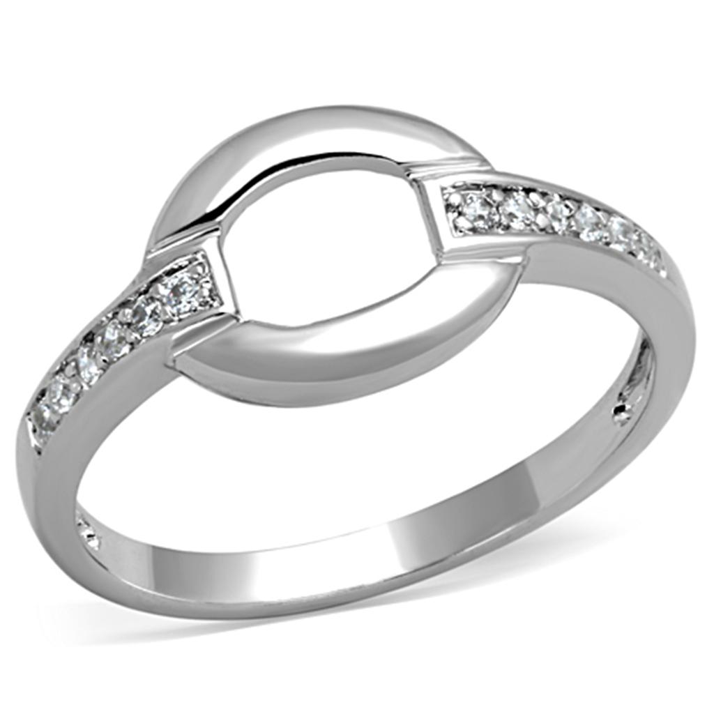 3W790 Rhodium Brass Ring featuring a clear AAA Grade CZ stone, showcasing its elegant design and luxurious finish.