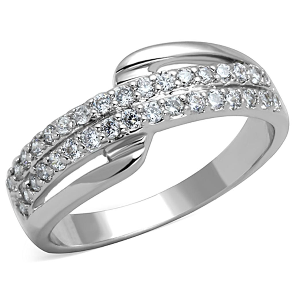 3W798 Rhodium Brass Ring featuring a clear AAA Grade CZ center stone, showcasing its elegant design and luxurious finish.