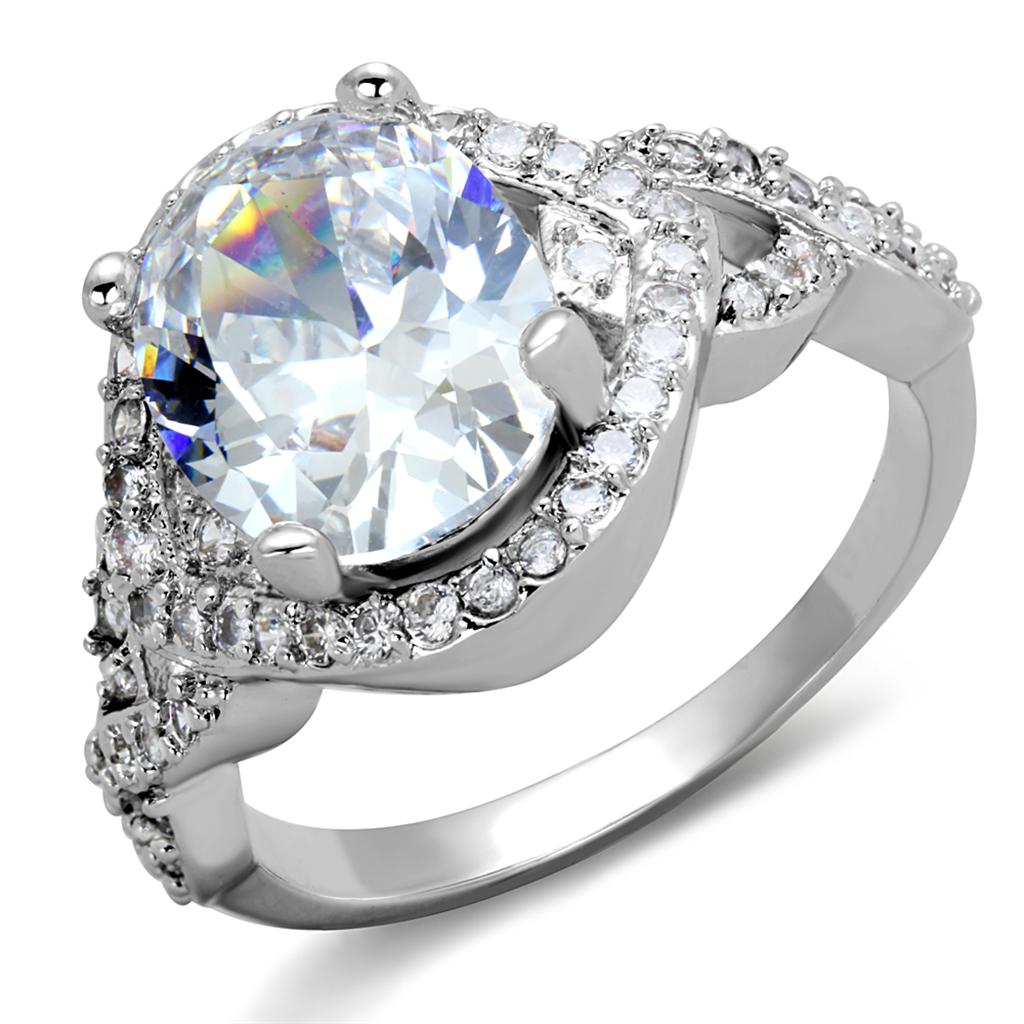3W880 Rhodium Brass Ring featuring a clear AAA Grade CZ stone, showcasing its elegant design and luxurious finish.