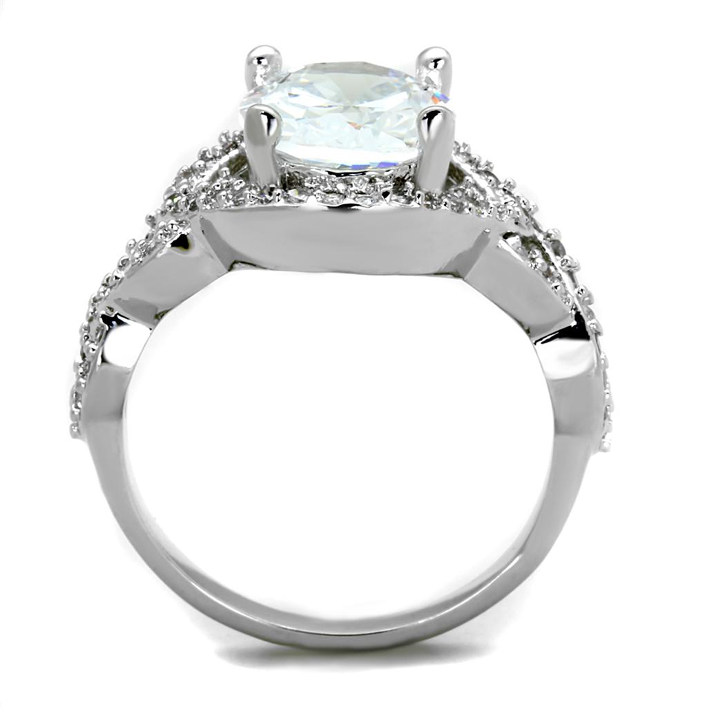 3W880 Rhodium Brass Ring featuring a clear AAA Grade CZ stone, showcasing its elegant design and luxurious finish.
