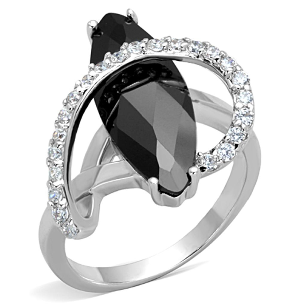 3W800 Rhodium Brass Ring featuring AAA Grade CZ in Jet color, showcasing its elegant design and shiny finish.