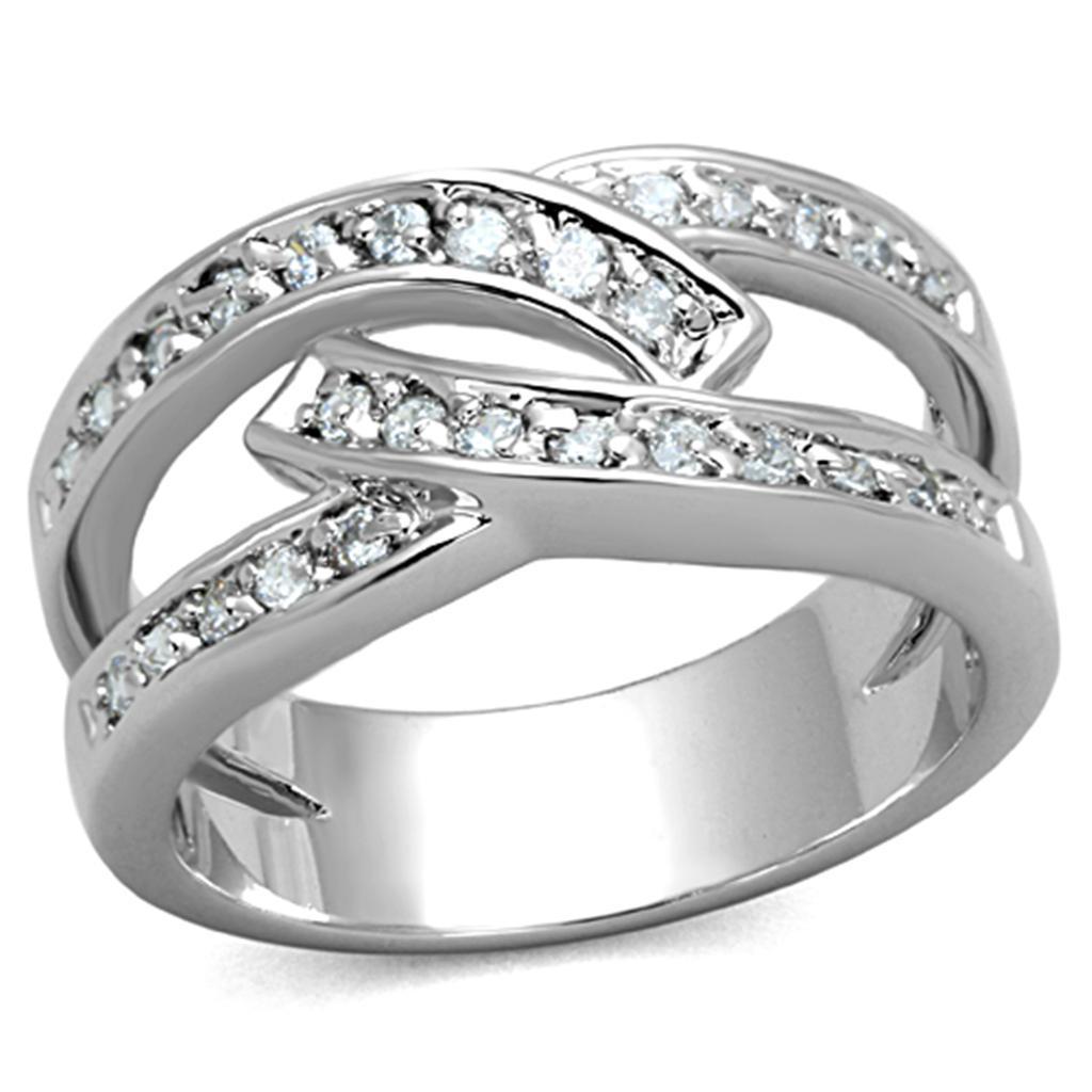 3W806 Rhodium Brass Ring featuring a clear AAA Grade CZ stone, showcasing its elegant design and luxurious finish.