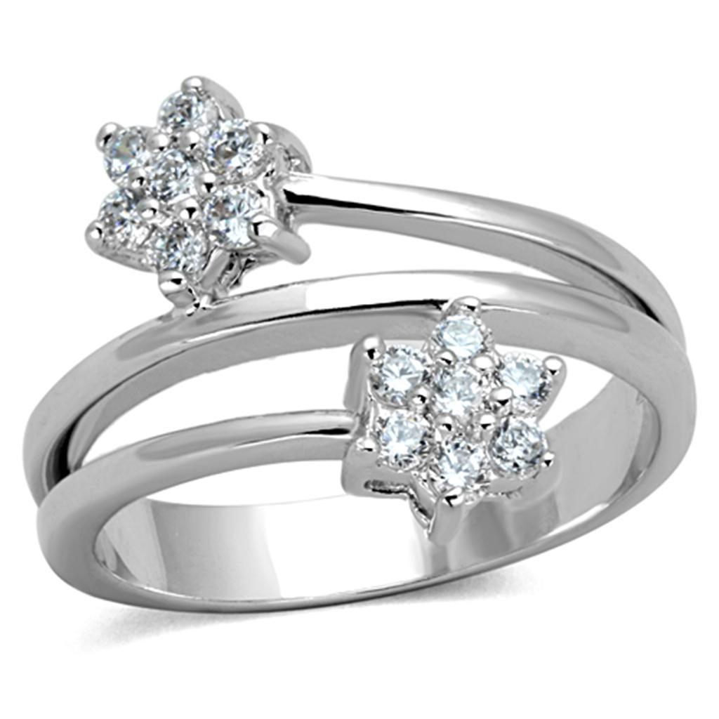 3W810 Rhodium Brass Ring featuring AAA Grade Clear CZ, showcasing its elegant design and sparkling center stone.