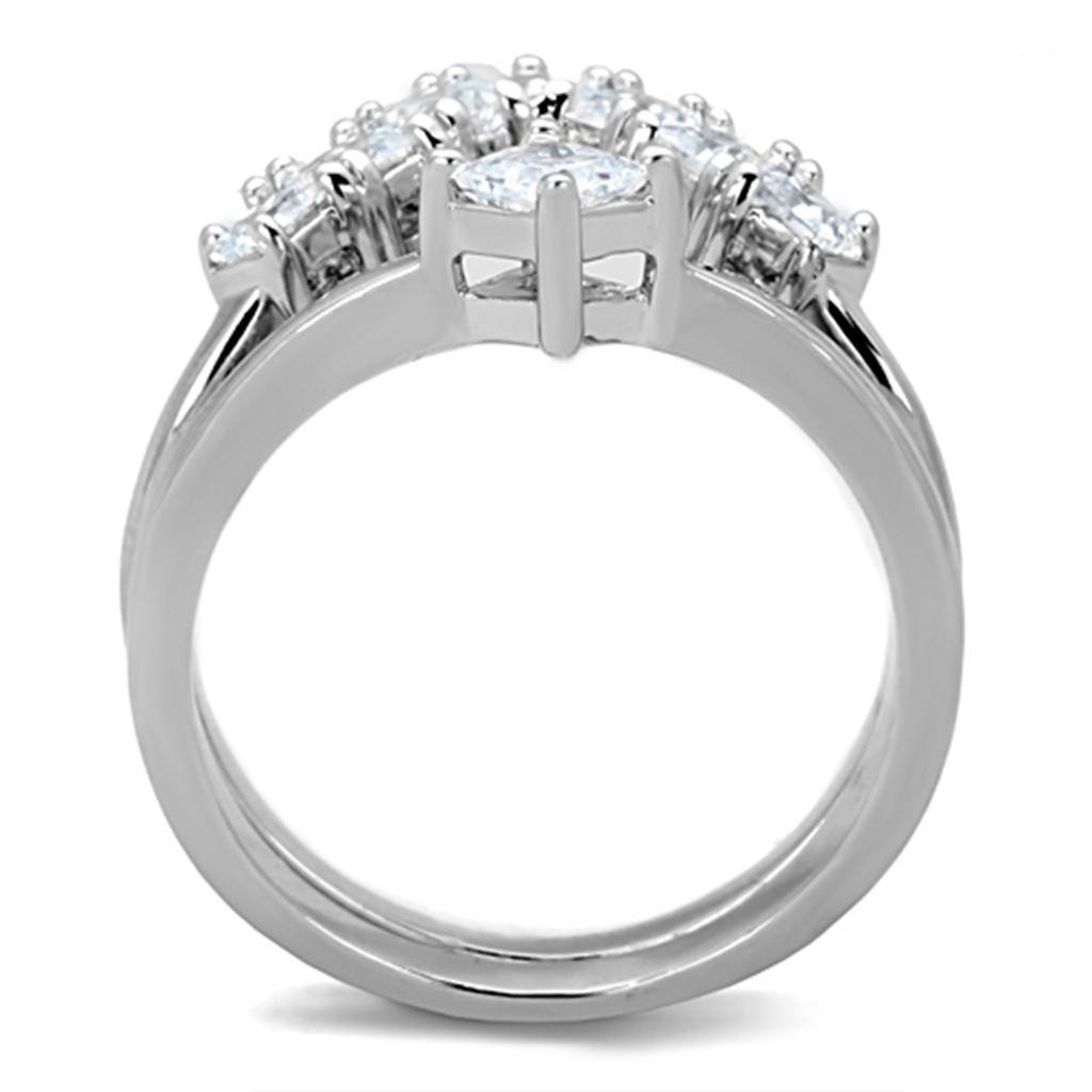 3W815 Rhodium Brass Ring featuring a clear AAA Grade CZ stone, showcasing its elegant design and shiny finish.