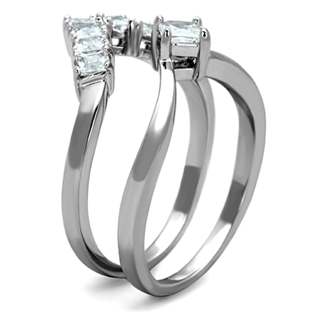 3W815 Rhodium Brass Ring featuring a clear AAA Grade CZ stone, showcasing its elegant design and shiny finish.